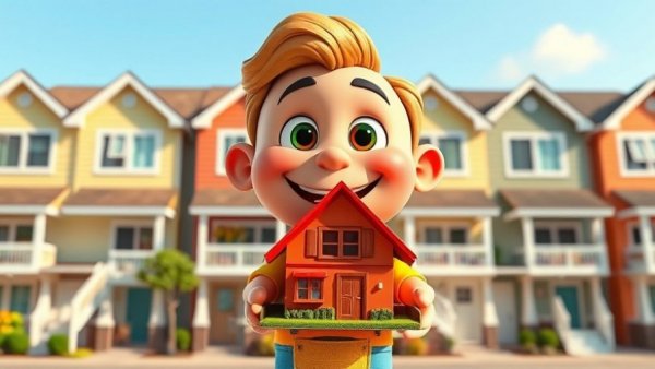 Cartoon holding house model in front of multifamily homes.