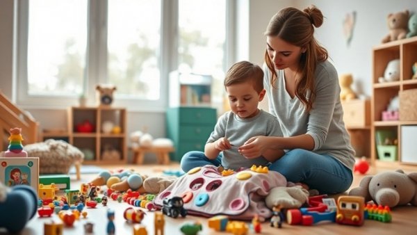 Mother and child packing toys, emotional about selling property.