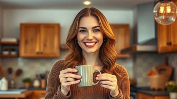 Entrepreneur enjoying coffee in cozy kitchen for daily routine.