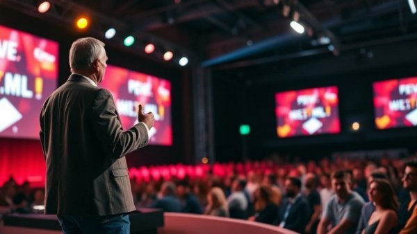 Dynamic speaker on stage inspiring audience at vibrant event.