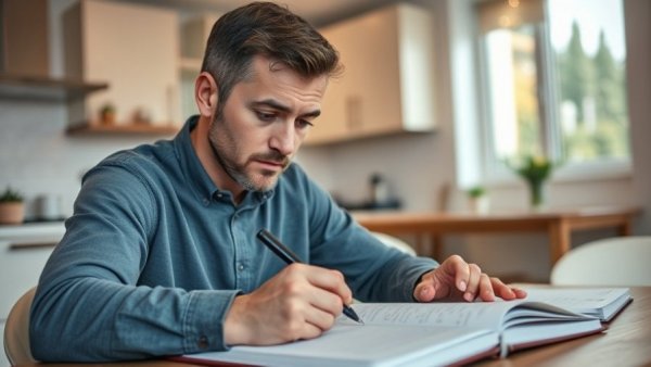 Focused man writing 2026 investing advice in notebook.