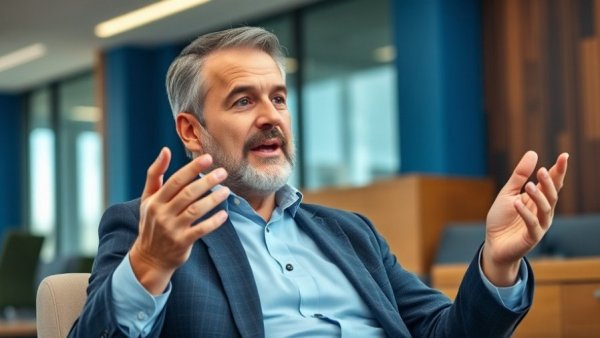 Middle-aged man explains Roth conversion benefits in a modern office.