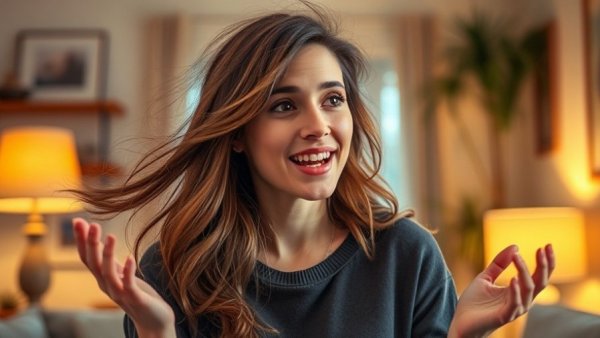 Engaging woman speaking in warm indoor setting, illustrating movement creates action in video content.