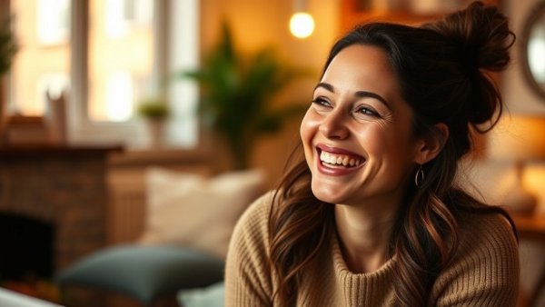 Smiling woman discussing lighting in content creation.