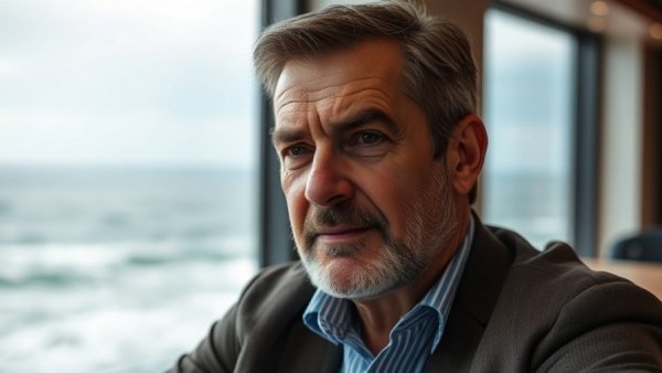 Confident speaker discusses tax-free crypto trading, oceanic backdrop.