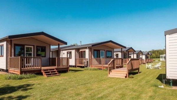 Modern mobile homes with decks, grassy area, clear sky.