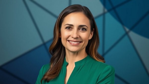 Portrait of woman representing Pennsylvania State Real Estate Commission Leadership, confident expression, blue background.