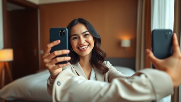 Corporate road warrior captures a mirror selfie in a hotel room.
