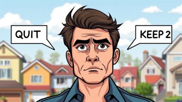 Pensive man deciding on keeping or quitting W2 job, cartoon style