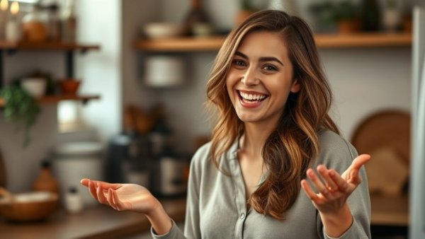 Woman discussing content planning tips in kitchen.