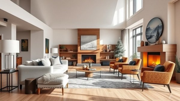 Spacious living room for selling your home in winter, featuring modern decor and a cozy fireplace.