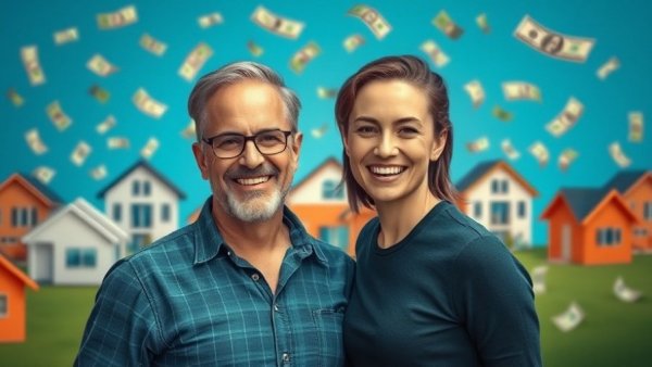 Smiling man and woman in front of dollar bills and houses, vibrant digital collage.