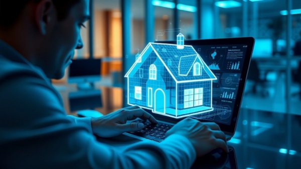 Futuristic hand with holographic house on laptop for RELIANCEai Rebrand