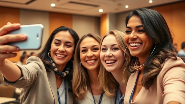 Cheerful women selfie at conference, Keynote Speaker Engagement Strategy.