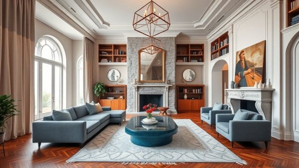 Elegant classic six apartment living room with fireplace and high ceiling.
