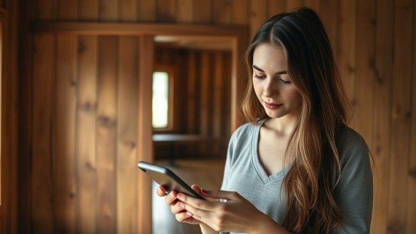 Young woman using phone in a wooden room, related to tech tools for small landlords.