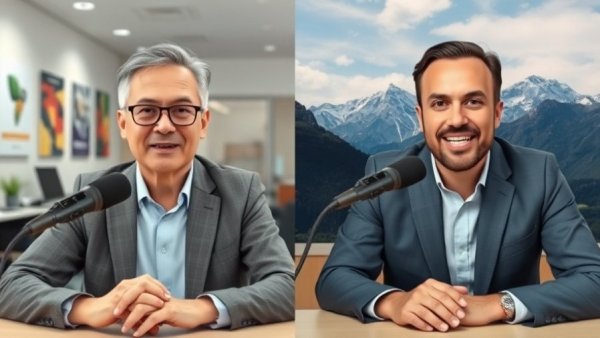 Video call about self storage overbuild with two speakers and split background.