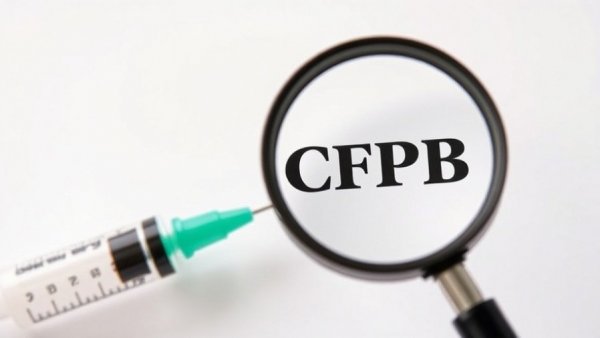 CFPB funding cuts lawsuit concept with magnifying glass and syringe.