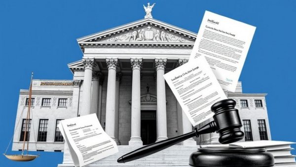 Federal AI regulations depicted with a courthouse and documents.