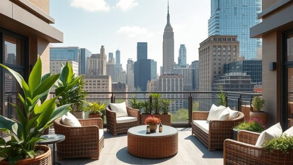 Stylish outdoor terrace in NYC with wicker seating and city view
