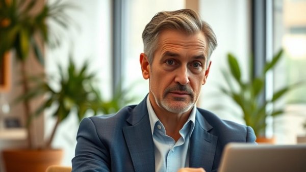 Man discussing tax-free investments in cryptocurrency and agriculture in an office.