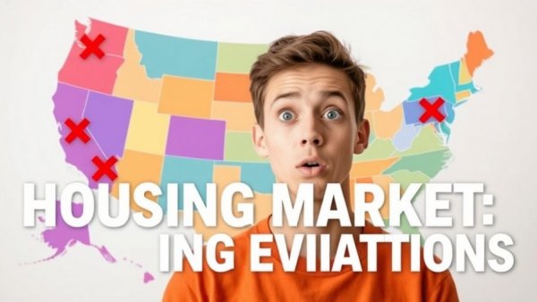 Infographic of U.S. map with red X marks and surprised man, related to Falling Housing Prices Through 2026.