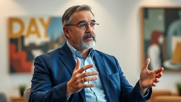 Middle-aged man discussing self-directed retirement accounts in an office setting.