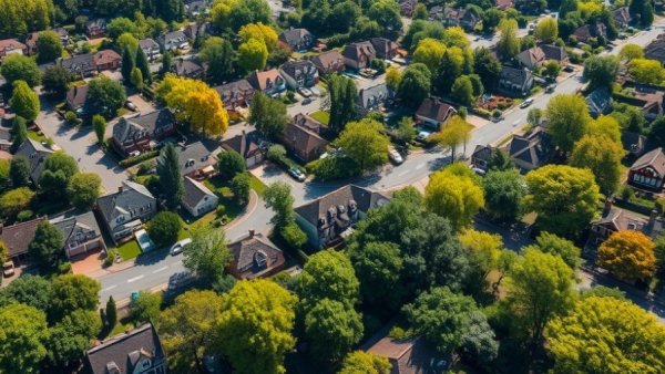 Aerial view of a suburban neighborhood with lush greenery, representing buyer's market vs seller's market.