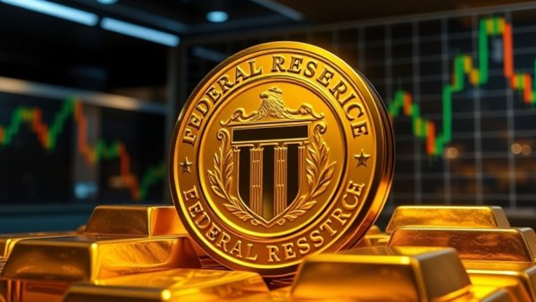 Federal Reserve emblem with gold bars and graph overlay, symbolizing monetary policy for 2026.