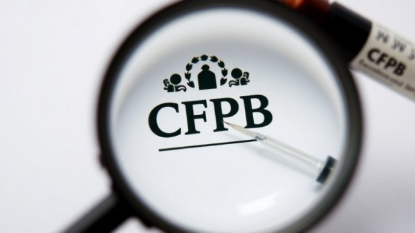 CFPB funding scrutiny with magnifying glass and syringe, signaling legal investigation.