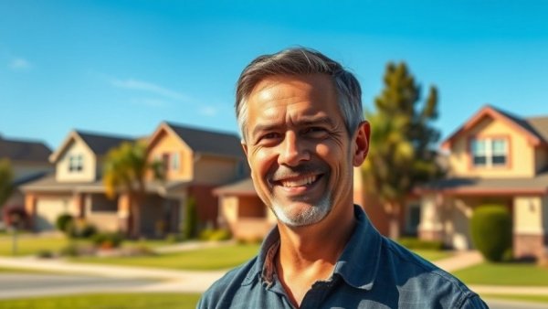 Retire with Rentals: smiling man in front of suburban homes.
