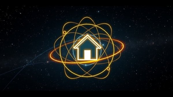 Futuristic graphic with atomic orbit around home icon, starry background.