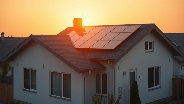 Modern home with solar panels during sunset; solar for new home construction.