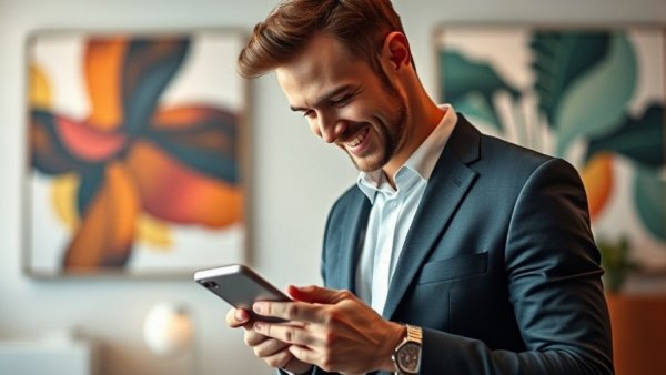 Professional man smiling at phone in modern office, online research agent relationships