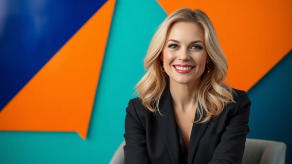 Smiling woman in real estate on a geometric background, building trust in real estate.