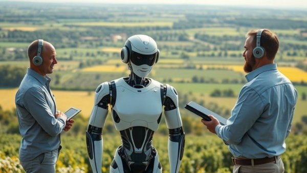 Futuristic AI robot and professionals evaluating land for investment