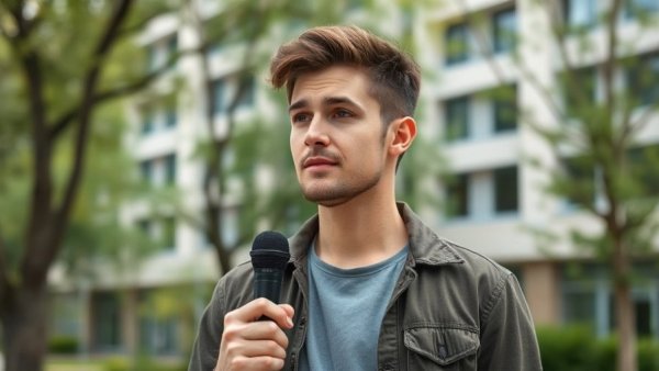 New podcast co-host outside holding a microphone thoughtfully.