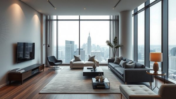 Modern living room in financial district, key for future neighborhoods.