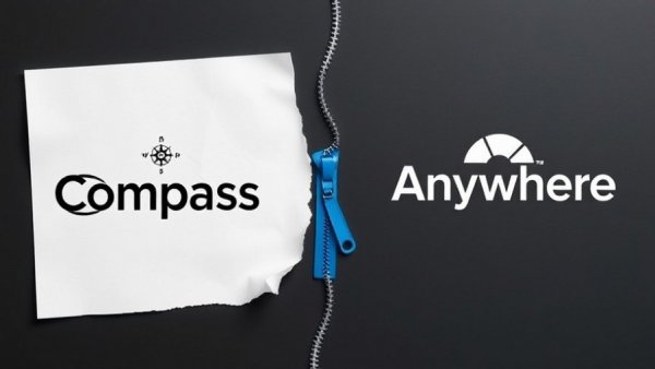 Stylized Compass and Anywhere logos connected by a zipper, symbolizing a merger.