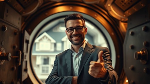 Confident man in front of bank vault, house interior displayed inside, Why the Rich Put Everything in a Living Trust.