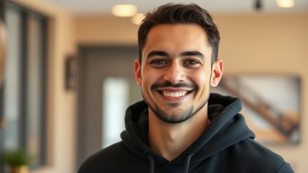 Happy man indoors in a black hoodie, warm lighting.