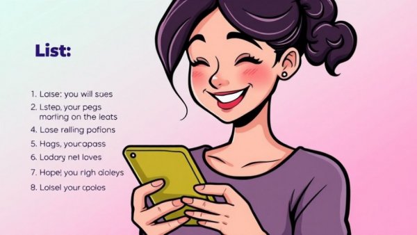 Smiling woman with phone next to shot list graphic, real estate video tips