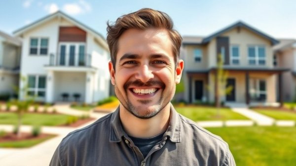 Smiling man suggests to buy rental property in 2026 in a suburban setting.