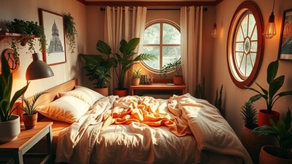Cozy small bedroom design with plants and circular window.