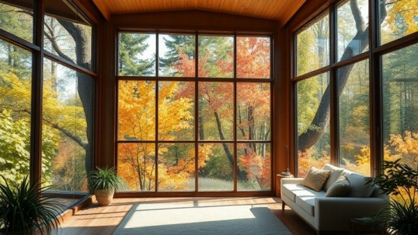 Cozy room with floor-to-ceiling windows displaying autumn foliage.
