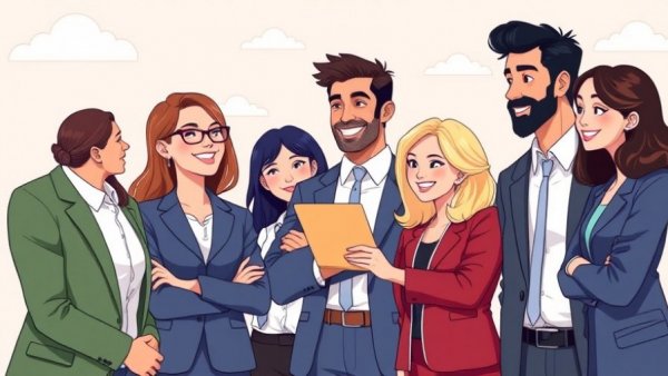 Diverse team collaboration in business meeting, cartoon.