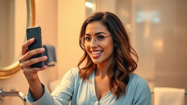 Confident woman recording, discussing, vibrant bathroom scene, Recording When You Feel Good.