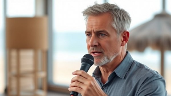 Middle-aged male speaker on partnership updates, beach background.