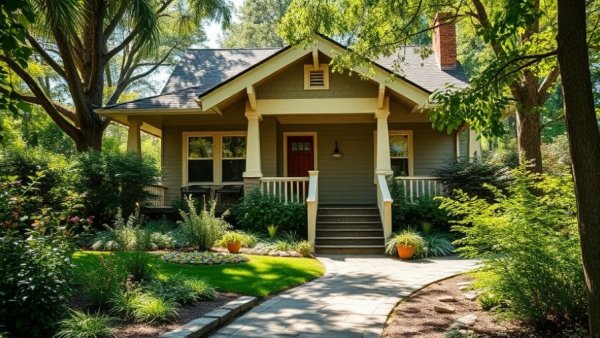 Charming Craftsman house surrounded by greenery, related to Mortgage Buydown.