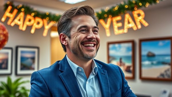 Smiling man in festive office with Happy New Year banner, discussing Niche CRE Strategies.